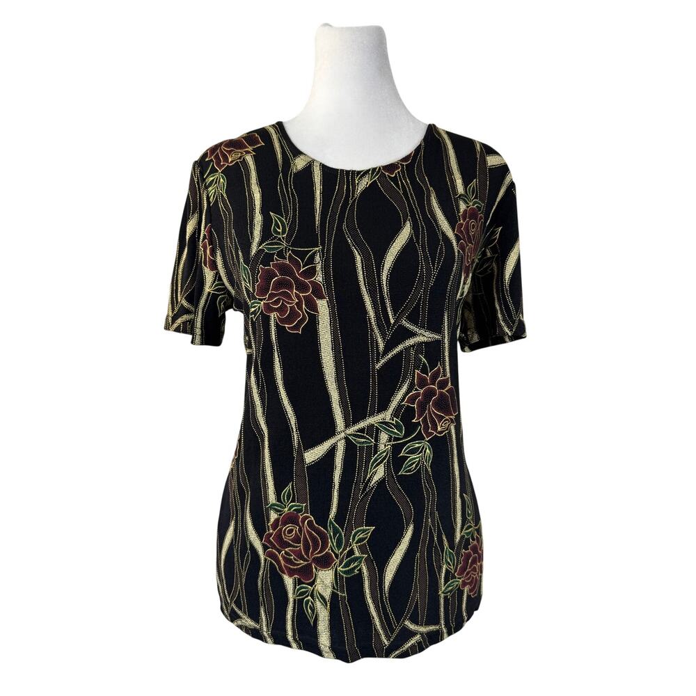 Vintage ‘90s Western Connection Black & Gold Floral Print Short Sleeve Blouse